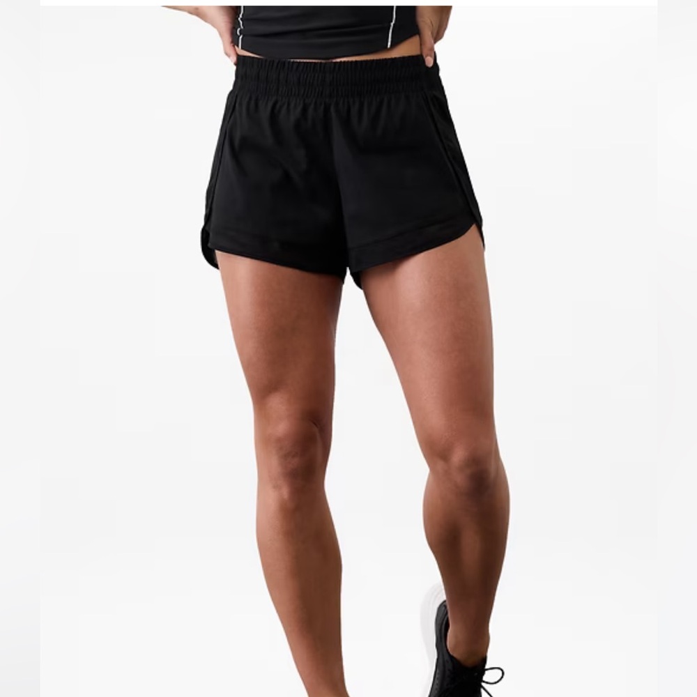Athleta Black Mesh Racer Run Mid Rise 4 Shorts - Picture 4 of 6